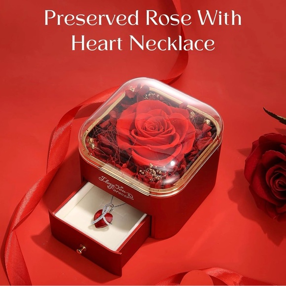 Preserved Real Red Rose with Heart Necklace, Forever Flowers Gifts for Mom - Picture 2 of 2